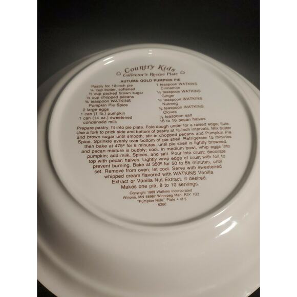 Vintage Watkins 80s Country Kids Collectors Recipe Pie Plate Pumpkin RIDE - Picture 3 of 4